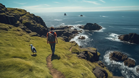 backpacking man walking in the grass near the ocean, surrounded by expansive and lively coastal landscapes reminiscent of scottish scenery. the light emerald hues of the grass contrast beautifully with the dark brown tones, creating bold and rough clusters. this 32k uhd photo captures the breathtaking beauty of the natural surroundings. ai generatedの素材
