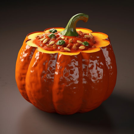 a photo of a roasted pumpkin for halloween, showcasing a visually stunning blend of physically based rendering, steampunk aesthetics, precise hyperrealism, italianate flair, and neogeo influences. this photo employs photo-realistic techniques to capture the high level of detail in the pumpkin's texture and features. ai generatedの素材