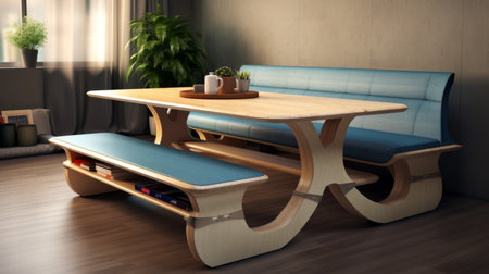 a wooden kitchen table with settees and a vase, showcasing a futuristic design. the table features azure tones and multilayered dimensions, highlighting its detailed craftsmanship. the symmetrical and modular design adds a touch of versatility, while the use of fabric enhances its aesthetic appeal. ai generatedの素材