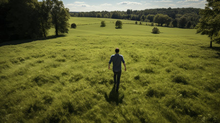 a man wearing a white shirt gracefully walks through a serene green field, reminiscent of english countryside scenes. this aerial photograph, captured with a sigma 105mm f14 dg hsm art lens, showcases the spatial play and panoramic beauty of the landscape. the visuals exude a sense of tranquility and harmony. ai generatedの素材