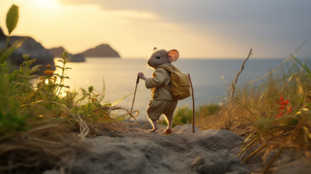a rat with a backpack stands on a red hill, reminiscent of beach portraits. this unique image, rendered in maya, captures the golden light and features detailed costumes. the rat's presence evokes the spirit of an animated film pioneer, while the use of a minolta riva mini camera adds a vintage touch. the concept of kintsukuroi, the art of repairing with gold, adds depth toの素材