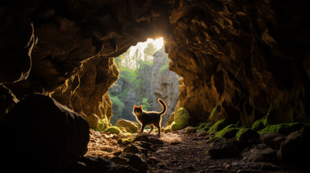 a cat stands behind dark rocks in a cave, creating a captivating contrast between light and shadow. this stunning photograph by kazimierz dbrowski captures the essence of lively nature scenes, reminiscent of national geographic's iconic style. the image showcases a joyful celebration of nature, with impressive panoramas and the use of a canon eos 5d mark iv. ai generatedの素材