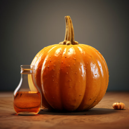 a pumpkin, creatively captured in the style of vray tracing, is placed on a table alongside a bottle of oil. this meticulously detailed photograph showcases explosive pigmentation and a sparse composition. infused with social commentary, it perfectly captures the essence of halloween. creative commons attribution. ai generatedの素材
