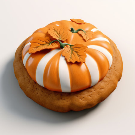 an orange pumpkin-shaped cookie with white leaf accents on top, rendered in a photorealistic style. this fantasy-based cookie is created using maya, showcasing multi-layered textures and intricate details. the design is reminiscent of xbox 360 graphics, with a figura serpentinata composition that adds depth and richness to the overall appearance. ai generatedの素材