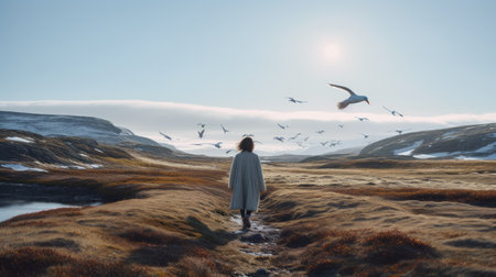 an angelic photograph of iceland, captured in 8k resolution, showcases the world at your feet. this surrealistic image, created in the style of realism with soft and dreamy depictions, features life-like avian illustrations. rendered in cinema4d, this dreamlike illustration transports you to a mesmerizing and ethereal landscape. ai generatedの素材
