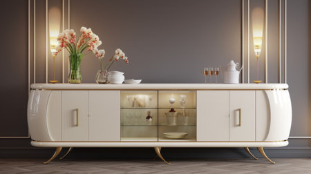 ivory and white sideboard with golden details, featuring a contemporary glass design and traditional color scheme. this uhd image showcases the piece in a retro-style setting, reminiscent of realistic still lifes with dramatic lighting. the light gray and light amber tones add a touch of elegance to this jindrich styrsky-inspired furniture. ai generatedの素材