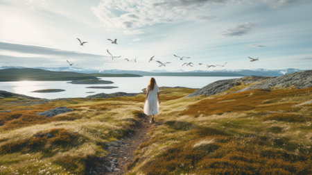a white girl stands in the grass on a path, with seagulls flying overhead. this high-quality photo captures the ethereal beauty of norwegian and scottish landscapes, with a touch of romanticized wilderness. the dramatic scenery and colorful imagery make this a captivating and enchanting image. ai generatedの素材