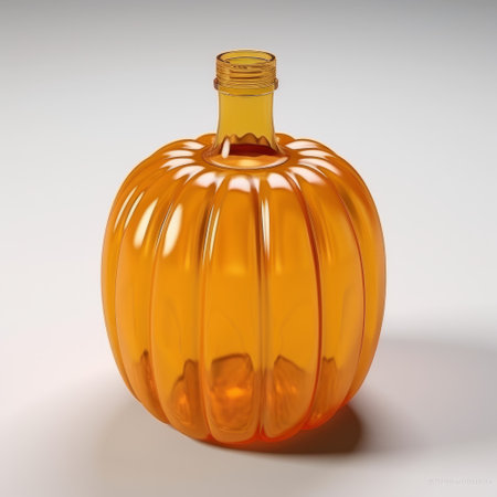 glass pumpkin bottle with ivy vector artwork on a white surface. rendered in the style of wayne thiebaud using unreal engine and cinema4d. the bottle has a light amber color with striated resin veins, giving it a neo-geo, hd mod look. ai generatedの素材