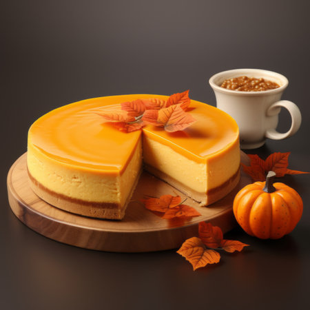 a slice of pumpkin cheesecake, adorned with autumn leaves and drizzled with maple syrup, is showcased on a rustic wooden board. this photorealistic rendering captures the intricate details of the dessert, highlighting its delicious layers and the seasonal elements. the installation-based composition, created using zbrush and the tokina opera 50mm f14 ff lens, adds a stylish and rounded aesthetic to the image. ai generatedの素材