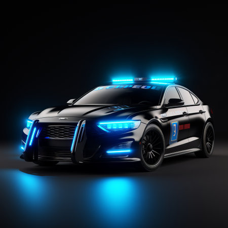 police vehicle with blue lights stands out against a grey background in this 3d render. the bold, manga-inspired characters add a unique touch to the scene, reminiscent of the barbizon school. the energy-charged atmosphere is enhanced by the black background, creating a visually striking image. this fusion of east and west aesthetics creates a celestialpunk vibe, perfect for vfxfriday. ai generatedの素材