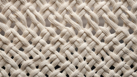 a close-up photograph showcasing a white background with intricate knit patterns resembling infinity nets. the detailed compositions of these luxurious wall hangings feature strong diagonals, captured using a hasselblad 500cm camera. the bentwood and meticulous design add to the overall aesthetic appeal. ai generatedの素材