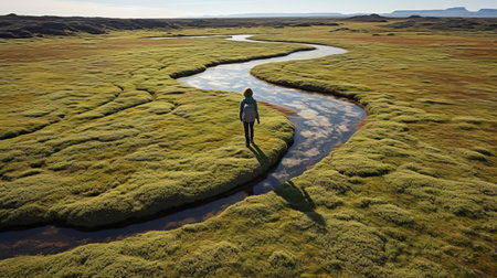 aerial view of a stream crossing the icelandic landscape, captured in a vector graphic style reminiscent of national geographic photos. the image showcases the organic nature-inspired forms and pensive stillness of the scene, with a wandering eye perspective. shot with a zeiss batis 18mm f2.8 lens, the composition features a harmonious blend of light navy and green tones. ai generatedの素材