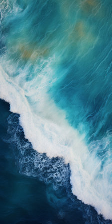 aerial photograph showcasing the stunning blue waters with realistic hyper-detail. the naturalistic ocean waves create a captivating scene, enhanced by the light yellow and dark cyan hues. this uhd image captures the essence of australian tonalism, with bold and vibrant colors that truly mesmerize. ai generatedの素材