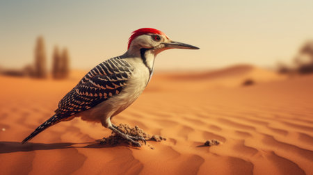 woodpecker flying through desert sand, captured in a characterful animal portrait style reminiscent of wes anderson and erik johansson. the light silver and red tones beautifully highlight the essence of nature, while the orientalist influences add depth to the dark white and red composition. ai generatedの素材