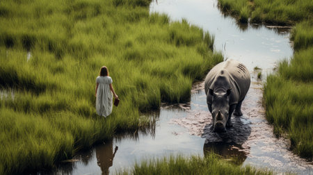 a woman gracefully traverses a serene stream, accompanied by a majestic gray rhino on her left side. this enchanting composition, reminiscent of dreamy and romantic aesthetics, is a creation by the talented artist sacha goldberger. the image captures the essence of poetic pastoral scenes and showcases photorealistic landscapes in shades of white and green. tom chambers' highly realistic touch adds depth and beauty to thisの素材