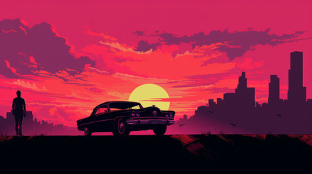 a 1920x1080 free wallpaper featuring a man and woman in a classic american car against a backdrop of a stunning sunset and cityscape. this pixelart image captures the film noir aesthetic with its dark crimson and pink tones. the isolated landscapes add a touch of mystery to this captivating wallpaper, perfect for desktop backgrounds. ai generatedの素材