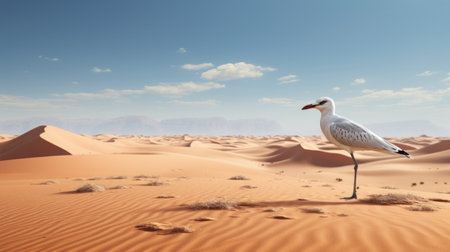white seagull standing on sandy beach with majestic mountains in the background. this stunning photo captures the essence of orientalist landscapes and spatial environments. rendered in cinema4d with the use of octane render, it showcases the beauty of nature-based patterns. a perfect example of commercial imagery with a touch of desertpunk aesthetic. ai generatedの素材
