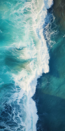 an aerial photograph captures the mesmerizing ocean with rippled waves in dark turquoise and light white hues. the image showcases colorful textures, photorealistic compositions, and soft edges, enhanced by atmospheric effects. the lively coastal landscape is depicted with close-up intensity, resulting in vibrant and high-energy imagery. ai generatedの素材