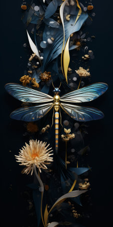dragonfly and flower on a dark background, rendered in cinema4d, showcasing a mesmerizing blend of gold and blue. this nature-inspired installation features hyper-realistic animal illustrations, trompe l'oeil compositions, and captivating animated linear illustrations. ai generatedの素材