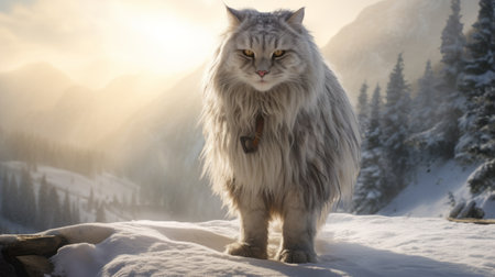 an older cat, standing majestically on the snow-covered ground, gazes ahead with a regal demeanor. this national geographic photo captures the essence of epic fantasy scenes, showcasing the cat's realistic depiction in the midst of breathtaking mountainous vistas. the light gray and gold tones add depth to the emotionally charged portrait, creating a visually stunning and voluminous mass. ai generatedの素材