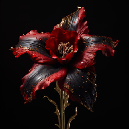 red and gold lily on a black background, featuring a conceptual sculpture style with hyperrealistic compositions. the baroque-inspired details add a touch of elegance to the burned and charred appearance of the hyper-realistic sculpture. the high contrast composition creates a romantic and visually striking image. ai generatedの素材