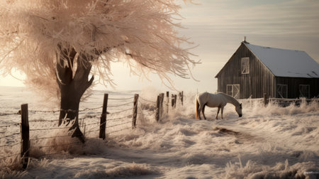 a horse stands gracefully in front of a charming old black wooden house during a serene winter scene. this ethereal dreamscape captures the beauty of delicate, light white and light orange hues. the photograph, taken in 8k resolution, showcases the artist's skill in rendering landscapes with a touch of magic. with influences from dutch landscapes and the captivating style of national geographic photography, this imageの素材