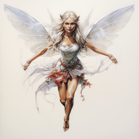 a photo of a creation from the fantasy art collection "myrling x" is showcased. this artwork follows the style of fairy academia, featuring soft brushstroke realism with light white and light bronze tones. the piece exhibits contoured shading and inventive character designs. the image, found on flickr, displays a remarkable chromatic purity. ai generatedの素材