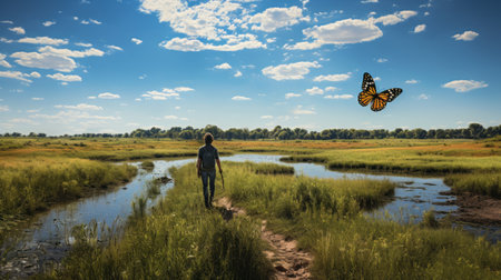 a blue sky with high clouds fills the frame, creating a captivating visual storytelling experience. the hyperrealistic wildlife portraits and cowboy imagery blend seamlessly with the prairiecore theme. the light orange and dark cyan hues add a touch of romance to the mesmerizing riverscape. the zeiss ikon zm lens captures every detail with precision. ai generatedの素材