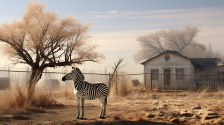 a zebra stands gracefully in a field, amidst a post-apocalyptic backdrop, creating a captivating image reminiscent of idyllic rural scenes. this national geographic photo showcases the zebra's beauty against pastel dreamscapes, while also capturing a sense of suburban ennui. shot with an iso of 200, the photograph beautifully merges the natural world with elements of ndebele art. ai generatedの素材