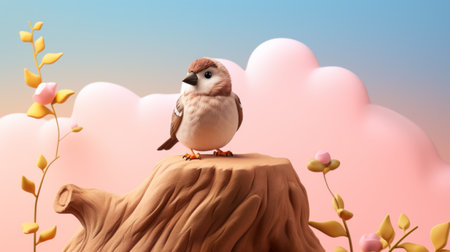 3d concept art featuring hd artwork of ordinary objects, such as birds and flowers, with a color palette of light pink and brown. created by artist bess hamiti, the artwork showcases a cartoonish character design. rendered in cinema4d, the art has a soft focus lens effect and incorporates graphic rock-inspired compositions. ai generatedの素材