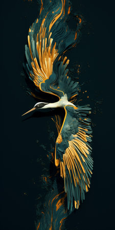 a flying bird with golden wings is captured in motion, showcasing textural paint effects in dark aquamarine and orange. this stunning artwork, rendered in cinema4d, is part of a series of site-specific artworks. inspired by nature, these bold graphic illustrations beautifully blend wildlife photography with artistic compositions. ai generatedの素材