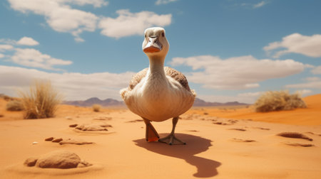 a geese walks through the desert in this hyper-realistic sci-fi stock photo. the quirky cartoonish character stands out with its strong facial expression. the image showcases photorealistic details in white and beige tones. it's perfect for rtx enthusiasts and can be used for animated gifs. ai generatedの素材