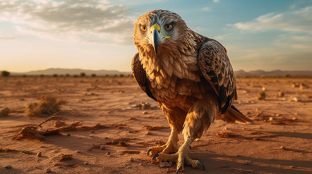 a brown eagle, reminiscent of iconic pop culture references, is captured walking in the desert. the photorealistic eye adds a strong emotional impact to the image. the use of vray tracing enhances the realism, while the focus stacking technique creates naturalistic bird portraits. the color palette of navy and gold adds a touch of elegance to this captivating photograph. ai generatedの素材