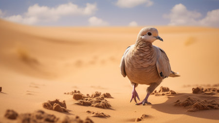 a goose in the desert gazes at the sky, captured in a stunning national geographic photo. rendered in cinema4d, this image showcases jewish culture themes with its charming characters. the vibrant colors of light magenta and light brown add depth to the scene, while the 8k resolution brings out every detail. experience the unique beauty of pigeoncore in this captivating photograph. ai generatedの素材