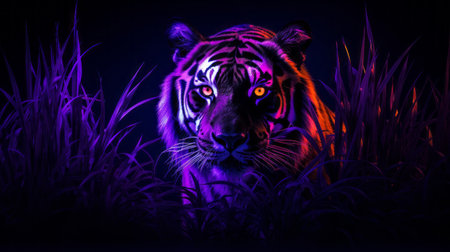 a tiger emerges from the tall grass, its piercing gaze captivating against the dark night. this synthwave-inspired photograph showcases ultraviolet hues of light red and purple, creating a mesmerizing visual experience. with its 8k resolution and matte finish, this uhd image captures the tiger's raw power and beauty in stunning detail. ai generatedの素材
