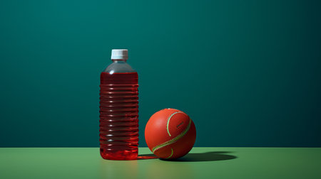 a red ball is captured inside a bottle, showcasing a pop art-inspired composition. this hyperrealistic still life photograph features minimal retouching, highlighting the vibrant colors of green and amber. the playful lines add a dynamic touch to the image, while the oversized objects create an eye-catching visual impact. this captivating photo has won a contest for its unique and creative concept. ai generatedの素材