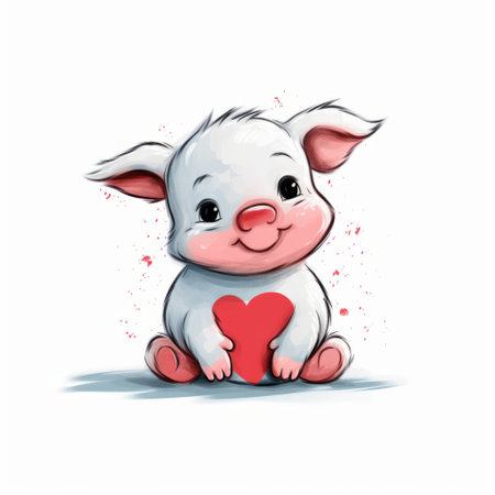 a cute little cartoon pig holding a heart is depicted in this speedpainting. the artwork, created in the style of skottie young, features a combination of dark white and light crimson colors. the pig's toy-like proportions and realistic animal portrait make it an eye-catching piece. this artwork was the winner of a contest and was created by the artist known as thechamba. ai generatedの素材