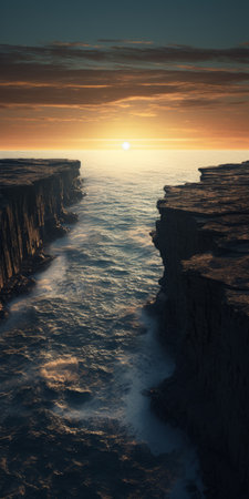 ocean scenery with a large cliff, rendered in cinema4d, showcases the beauty of australian landscapes. the golden light illuminates the dark orange and indigo hues, creating a photorealistic accuracy. this artwork captures the art of tonga, with a low depth of field adding depth and intrigue to the scene. ai generatedの素材