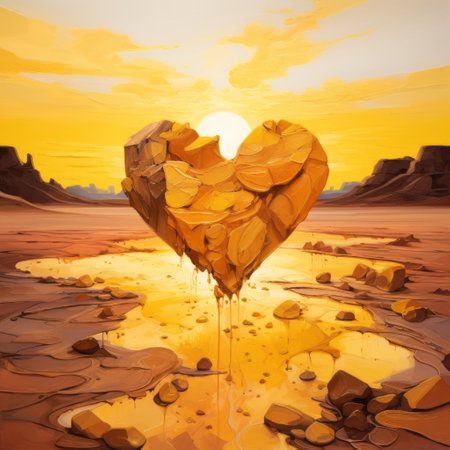 a photo of taiji saki, the sun setting over a heart-shaped art installation in the desert. this low poly style artwork combines melting pots, photo-realistic landscapes, and vibrant yellow and gold hues. the conceptual painting captures a romantic and dramatic landscape, reminiscent of cryengine graphics. ai generatedの素材