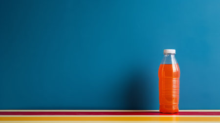 a vibrant pop art-inspired kitchen still life featuring a blue striped wall. the photo showcases a captivating blend of orange and amber hues, with minimal retouching. this tabletop photography piece embodies the essence of neo-geo minimalism, while the hyper-realistic oil technique adds depth and texture to the composition. ai generatedの素材
