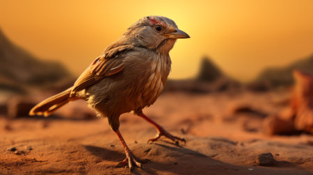 a red-winged bird stands on a dirt road, its legs and feet outstretched. the photo, captured in the style of ray tracing, showcases a backlit effect with a dark beige and pink color palette. the detailed background adds depth to this characterful animal portrait, while the soft-focus technique enhances the overall desertwave aesthetic. ai generatedの素材