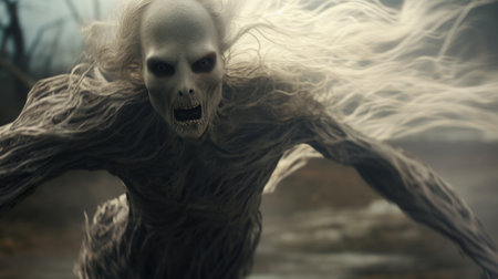 a spirit, rendered in cinema4d, walks between tall trees in this captivating image. the supernatural creature's strong facial expression adds an eerie touch to the dark white atmosphere. reminiscent of frostpunk, this close-up shot could easily be mistaken for a national geographic photo. ai generatedの素材
