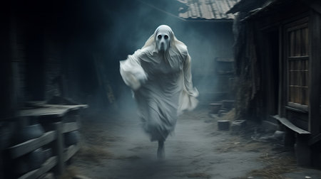 a ghost in white runs down an alley in this captivating photo, reminiscent of a national geographic style. the theatrical gestures of the ghost, captured by photographers peter lippmann and sudersan pattnaik, create a haunting atmosphere. the misty surroundings and hellish background add to the whistlerian aesthetic of this intriguing image. ai generatedの素材