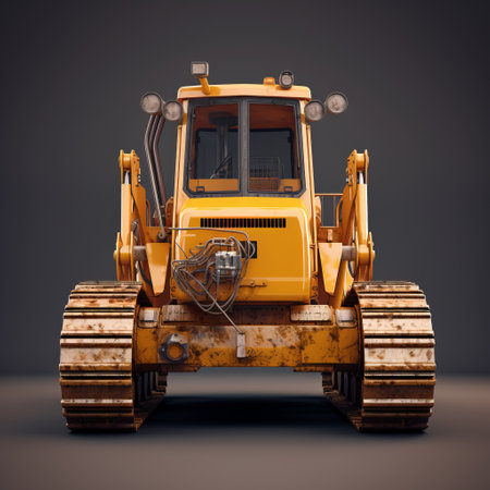 an old yellow bulldozer stands out against a black background in this hyper-detailed rendering. created in the style of vray tracing, the realistic image showcases multi-layered textures in light purple and light orange. this commercial imagery captures the beauty of the bulldozer in full body view. ai generatedの素材