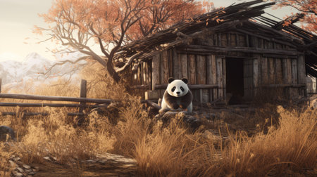 a panda stands near an old hut in the woods, surrounded by a breathtaking landscape created in the style of unreal engine 5. the scene features realistic details, soft tonal colors, and a resolution of 32k uhd. this captivating image captures the essence of explosive wildlife, reminiscent of the cinematic stills by joel sternfeld and magali villeneuve. ai generatedの素材