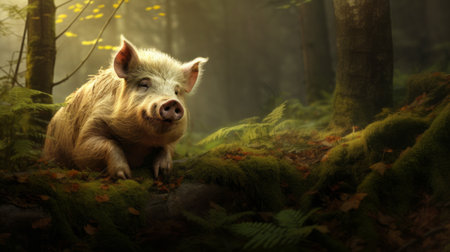 a pig standing in the forest, basking in the warm sunlight. this photorealistic rendering captures the pig's light pink hue contrasting with the dark amber tones of the forest. the tabletop photography style enhances the pig's presence, creating a lively storytelling atmosphere. this uhd image showcases the intricate details, while the mosscore adds a touch of natural beauty. discover this captivating photo on flickr. aiの素材