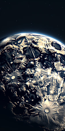 the solar system captured in a mesmerizing black and white photograph, showcasing surreal 3d landscapes with sparkling water reflections. the image features a captivating blend of light bronze and dark blue tones, creating an atmosphere of fractalism. close-up details reveal luminous shadows, making this creative commons attribution image a truly captivating visual experience. ai generatedの素材