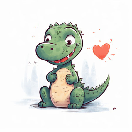a happy dinosaur illustration by kds featuring a cartoonish character design. the artwork showcases romantic emotivity with crosshatched and flat shading techniques. the style is a blend of realistic yet romantic elements, with tinycore and cartoony characters. ai generatedの素材