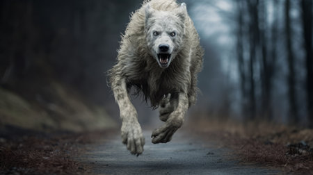 a white wolf, embodying the essence of gritty urban realism, dashes through a lush forest. this captivating photograph, created using the technique of photobashing and inspired by the dusseldorf school of photography, showcases the intriguing concept of anthropomorphic animals. with elements of poodlepunk and the aesthetic of a national geographic photo, this hyperrealistic composition is a visual masterpiece. ai generatedの素材