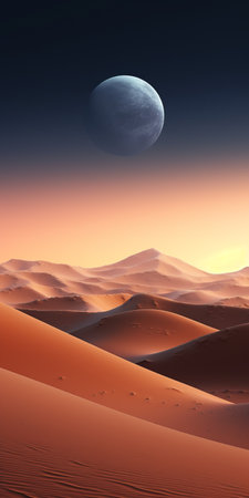 a stunning desert landscape featuring a floating planet in the sky. this realistic artwork showcases soft, tonal colors with a touch of light orange and dark navy. the use of ray tracing technology enhances the visual experience, creating smooth and curved lines. the vibrant color gradients add depth and richness to the scene. shot with a konica auto s3 camera. ai generatedの素材